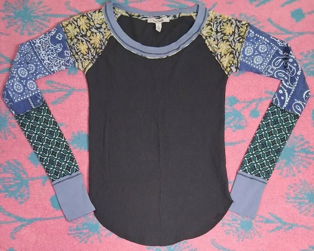 We free People smallbright side thermal top patchwork gray handkerchief